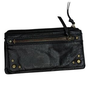 The Sak Black Leather Zip Wristlet with Brass Studs